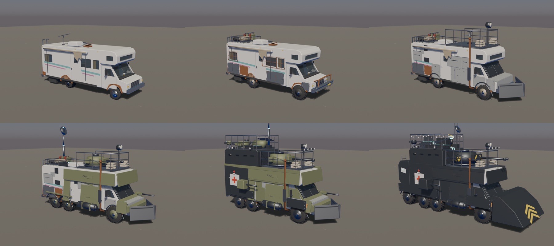 Hero vehicle. Six upgrade stages, civilian camper to armoured fortress.